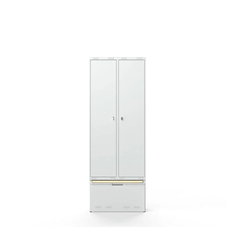 Garderobeskap, 2 seksjoner, uttrekkbar skuff med sittebenk, H2190 B800 D550 mm, grå