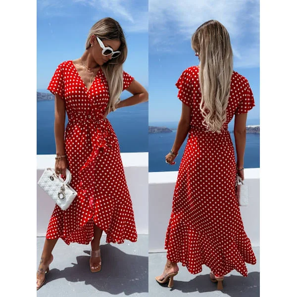 Dames Sommer Blomster Print Kryds V-hals Kjole Bohemian Flydende Lang Maxi Kjole