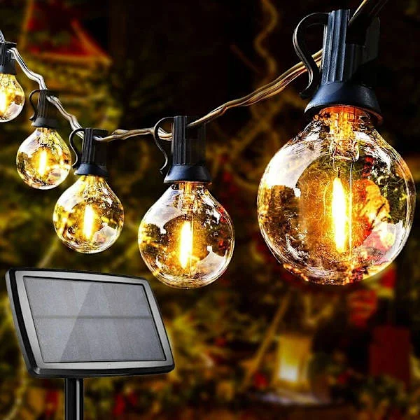 Solarslinga för utomhusbruk, Solar Bistro-slinga med 10+1 G40 LED-lampor, IP44 vattentät med 4 lägen, 12V-belysning