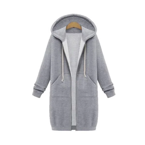 Women's Zip-Front Fleece Jacket, Plus Size Long Hoodie Light Grey M