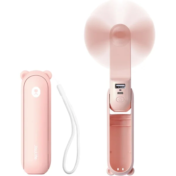 3-i-1 Mini Handhållen Fläkt, Portabel USB Uppladdningsbar Liten Fickfläkt med Powerbank, Ficklampsfunktion för Kvinnor, Resor Rosa