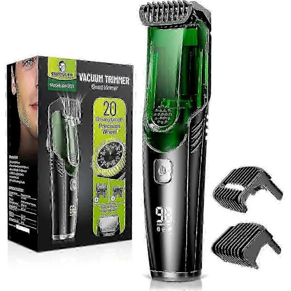 Skäggtrimmer med vakuum, Uppladdningsbar skäggtrimmer med justerbar längdkam (1-20 mm), IPX6 Vattentät trimmer
