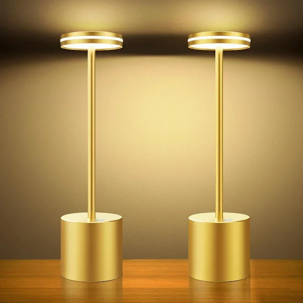 2-pakke oppladbare trådløse LED-bordlamper, 5000mAh batteridrevne bordlamper, 3 fargemoduser, dimbar, USB-skrivebordslampe – Gull