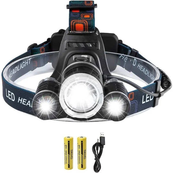 Latautuva LED-otsalamppu, 5000 lumen otsalamppu, superkirkas T6 LED-otsalamppu, vedenkestävä otsalamppu 2 akulla, USB-latauskaapeli noin
