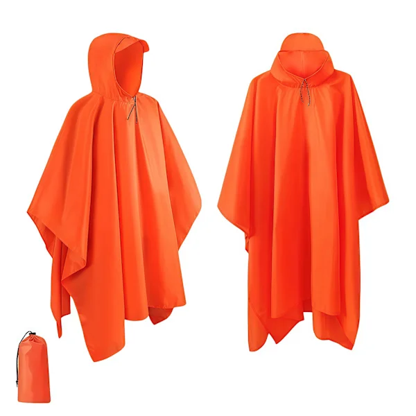 Waterproof Rain Poncho Lightweight Reusable Hooded Hiking One Size Orange Orange