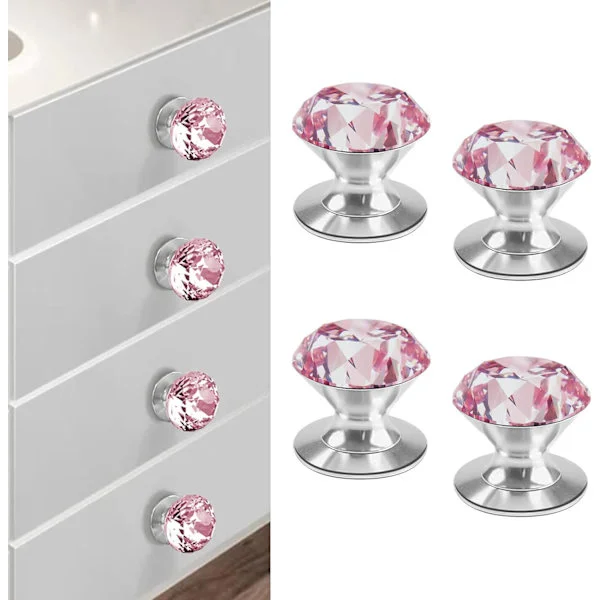 4 stk krystall selvklebende knotter, festes på skapshåndtak, rosa K9 krystallhåndtak, trekk og fest kommodehåndtak for speilskap, borefrie knotter