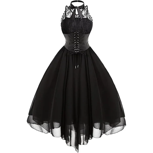 【BQ】Naisten hihaton goottilainen pitsimekko 80-luvun juhlamekko korsetti halter pitsi swing cocktail musta Musta