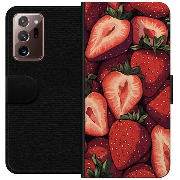 Kompatibel Tegnebogsetui til Samsung Galaxy Note20 Ultra Detaljeret mønster med røde jordbær og grønne blade, perfekt til en sommerlig og frugtagtig