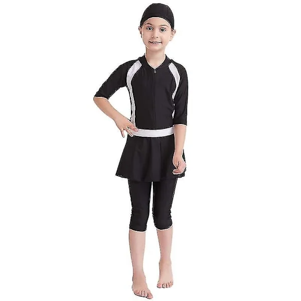 [RM]Girls Kids Muslim Swimsuit Islamic Swimwear Modest Burkini Swimsuit-WELLNGS Black Black