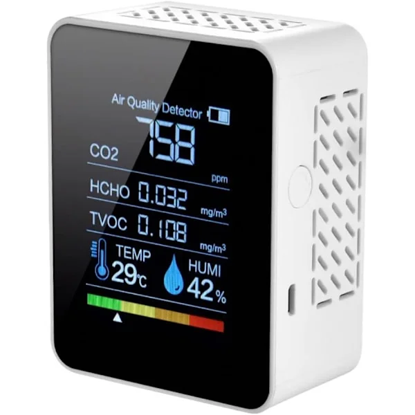 Koldioxiddetektor, 5-i-1 Luftkvalitetsdetektor, Inomhus CO2-mätare, Digital TVOC HCHO-monitor, Temperatur- och Fuktighetsmätare