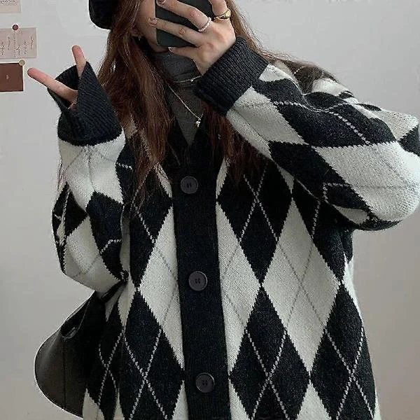 【BQ】Argyle Cardigan Dame Strikket Genser Løs Enkeltspent Studenter V-hals Nydelig Strikk Koreansk Oversize Cardigan Topper 17068 svart