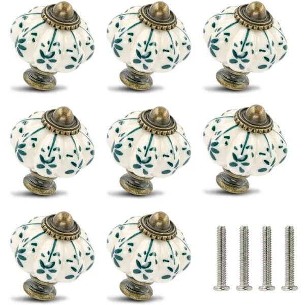 12-pack Elfenbensvita och Gröna Keramiska Knoppar - Pumpa Skåpsknoppar Retro Kommodknoppar - Vintage Lådhandtag med Skruvar för Skåp Låda Garderob