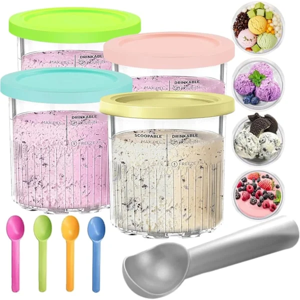 4-pack Creami Pints och lock för Ninja, för NC501 NC500 Creamy Icecream Containers Cups Jars Tubs Canisters Set, Smoothie Pot Kompatibel