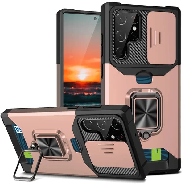 Armerat Ringfäste Kortficka Linsskydd Skjutbart Fönster Skydd Mobiltelefonfodral för Samsung S24 23 22 21ULTRA NOTE20 Militär Kvalitet