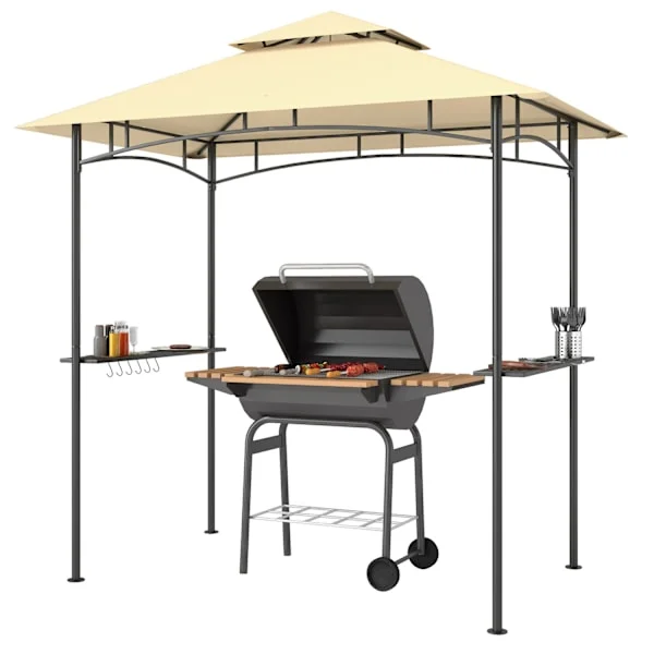 Grillpaviljong med LED 240 x 150 x 258 cm vattenavvisande flamskyddad trädgårdspaviljong med dubbelskiktstak, sidohyllor, lusthus med UV-skydd, BBQ-pa