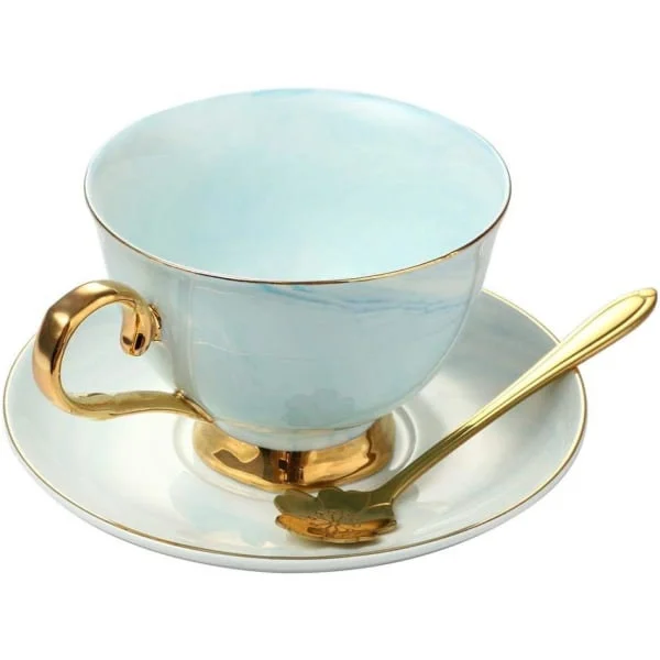 Marmor Keramisk Kopp och Fat Set Kameliamönstrad Benporslin Kaffemugg Tekopp Guldkanter med Kaffekopp, Fat och Sked, 200ml (Blå)