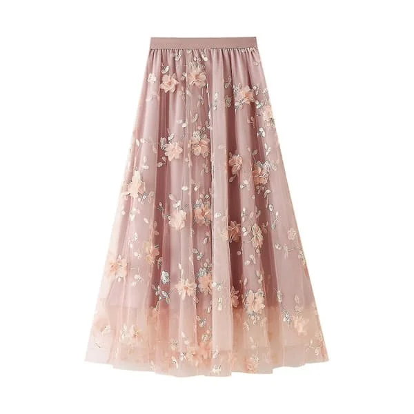 Dam Lång Tyllkjol med 3D-Blomsterbroderi, Enfärgad, Hög Midja, Mesh, Midi, Swingkjol (Rosa) Rosa