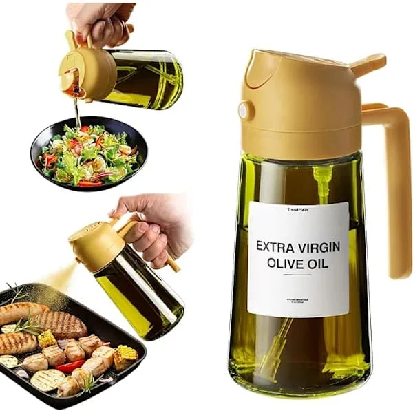 2-i-1 oljesprøyte og helleflaske 470 ml glass justerbar spray for matlaging, airfryer og salat, gul