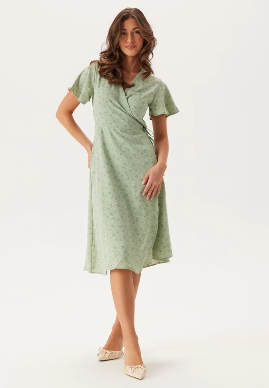 VILA-Vilovie S/S Wrap Midi Dress-Desert Sage AOP:Flower
