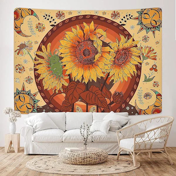 Annen veggdekor 150x130cm Solsikke Sol og Måne Veggteppe Vintage Blomster Veggteppe Bohemsk Veggteppe Mandala Veggteppe Retro Gul Veggteppe Veggdekor