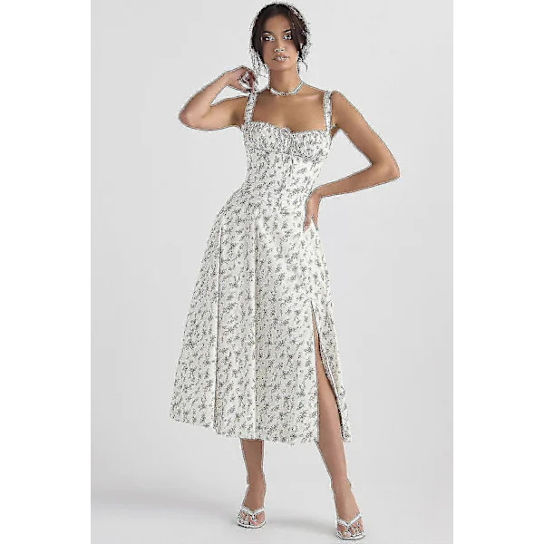 Blomstrete Boho Midi Bustier Kjole Dame Carmen Trykk Sommer Strand Swing Kjoler