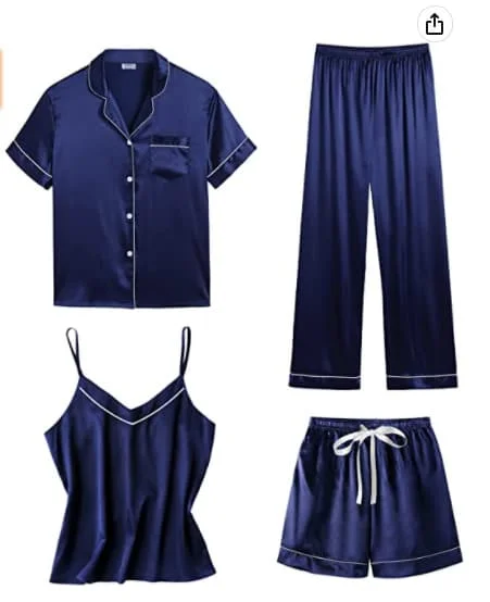 Women's Pajamas 4-Piece Set, Loungewear Set, Sexy Camisole Nightwear, Suitable for All Seasons - Navy Blue - Size M Navy Blue M
