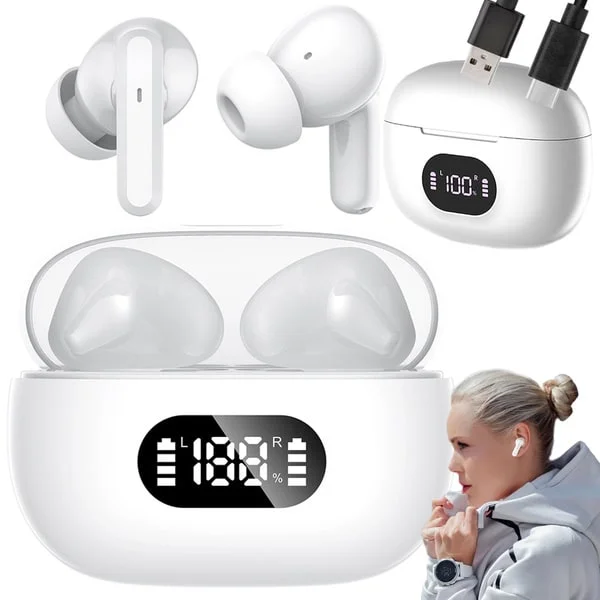 Trådløse Bluetooth In-Ear Ørepropper med LED-Ladeetui og Mikrofon Hvit