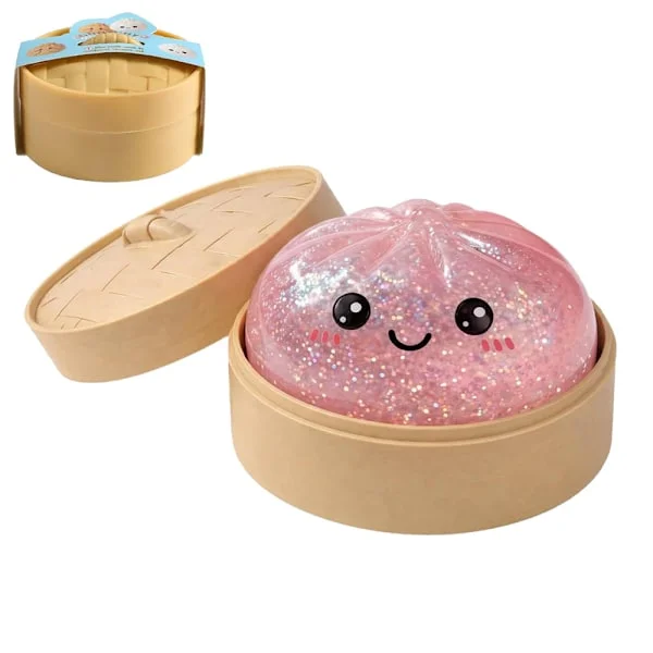 Pink Glitter Dumpling Squeeze Toy med Mini Steamer, Blød Dej Squishy Stress Relief Ball, Kreativ Sensorisk Fidget Toy til Daglig Afslapning