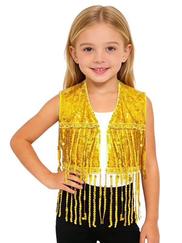 AliExpress - Gilet de Cowboy à franges et paillettes pour filles et garçons, veste sans manches ouverte sur le devant, hauts courts, Cardigan des 