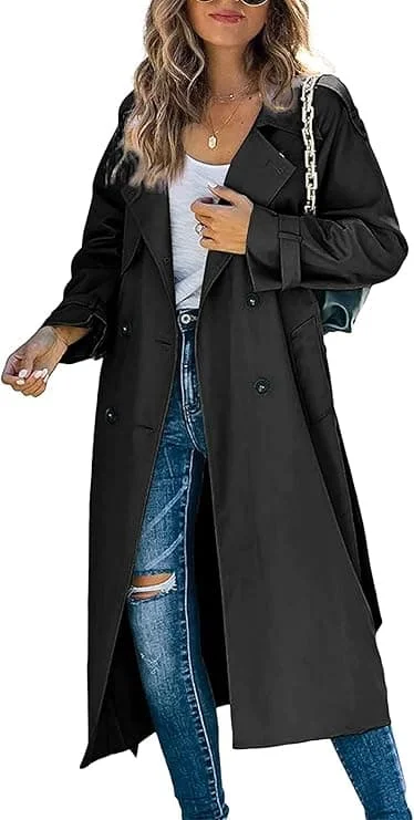 【BEMS】Loalirando - Dobbelspent Trenchcoat Klassisk Lang Jakke Vindtett Høst Vår Jakke svart