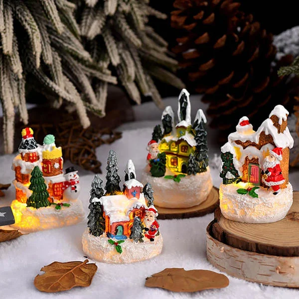 4-delt jule vinterhus sæt, julehus med lys jule miniature harpiks dekorationssæt til juleby scene skrivebord