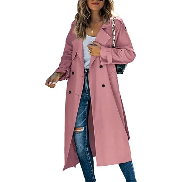 Dobbelspent lang trenchcoat for kvinner, vindtett klassisk tynn jakke ROSA ROSA PINK XL
