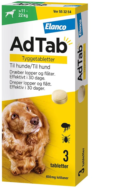 AdTab AdTab til hunde 3-pak >11-22 kg 450 mg, Medicin & Pleje, Flåter & Lopper, Flåt- Og Loppemiddel Til Hunde