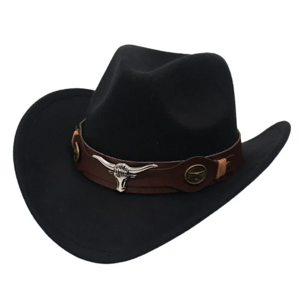 Barnfilt Western cowboyhatt, etnisk stil ko huvud accessoar, mjuk jazz Fedora hatt med ko rem, lockiga vingar, cowboyhatt