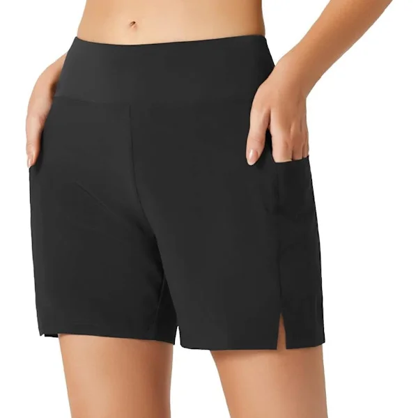 Damernas badshorts, höghög midja magkontroll badshorts med fickor, snabbtorkande