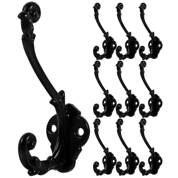 10 Pcs Antique Wall Hooks Heavy Duty Coat Hooks Wall Mounted Hooks Hanging Clothes Hook [DB] Black 9.40X5.10X2.90CM Black Black