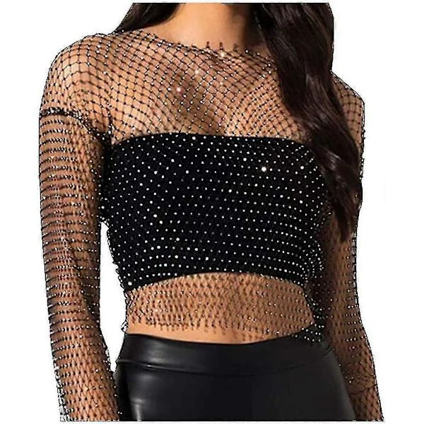 Dam Mesh Kroppskedjor Strass Långärmad Kristall Genomskinlig Cover Up Crop Tops Fisknät Bikini
