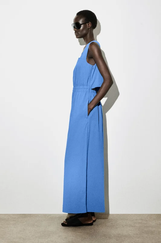 COS Women's Open-Back Seersucker Wide-Leg Jumpsuit Dress in Blue