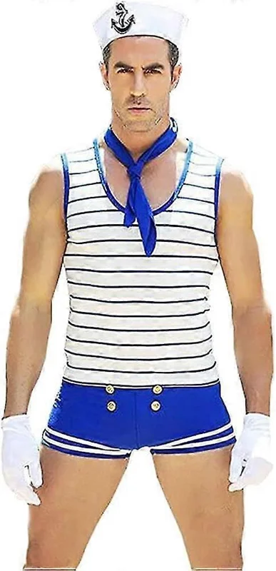 【BQ】Herre Sømand Sømand Fest Kostume Cosplay Rollespil Outfit Undertøj (Pakke med 1 Sæt) Blå