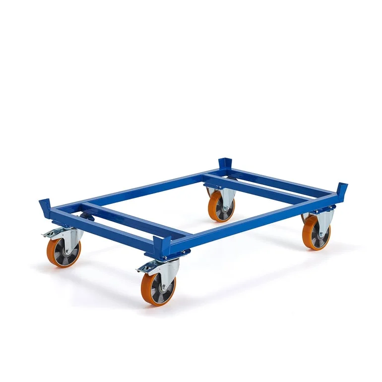 Low secure pallet trolley FRAME, 500 kg load, Ø 160 mm PU wheels, brakes, 1200x800x265 mm