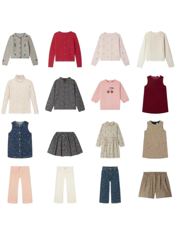 AliExpress - Kinder-Pullover-Set, 25 AW, neuer Stil, Mädchen-Kirsche, ärmelloses Jeanskleid, lange Hosen, bedruckter Hemdrock, Strickjacke