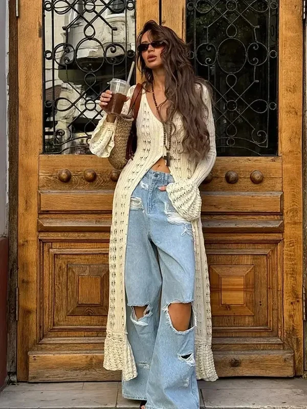 AliExpress - Cardigan en tricot ajouré chic à simple boutonnage pour femme, élégant col en V, manches longues évasées, manteau, mode automne 2026, 