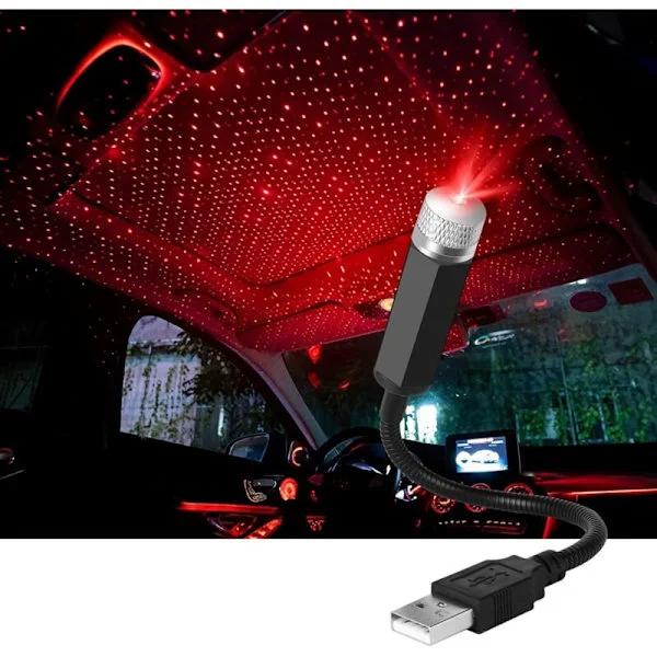 USB Bil Tak LED Atmosfär Lampa Stjärnhimmel Projektor Rött Nattljus Justerbara Lägen Romantisk för Hemmabruk Fest