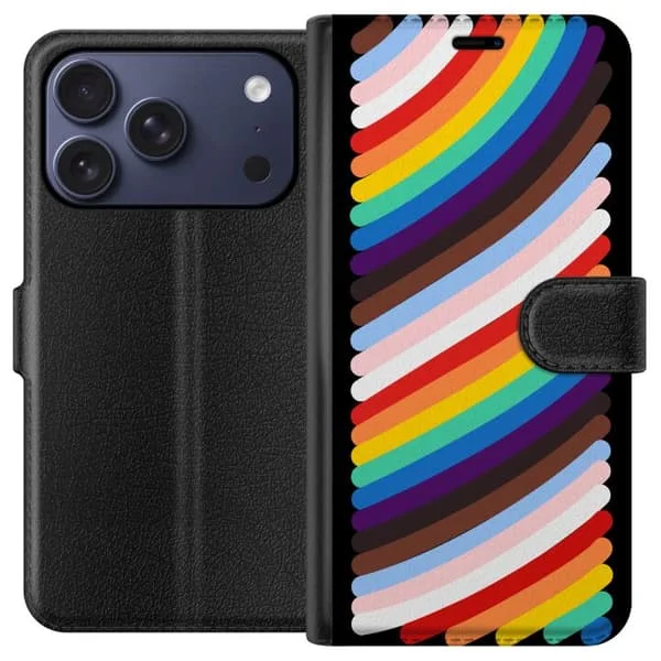 Kompatibelt Plånboksfodral till Apple iPhone 17 Pro Färgstarka svepande linjer i regnbågens färger mot svart bakgrund med modern känsla.