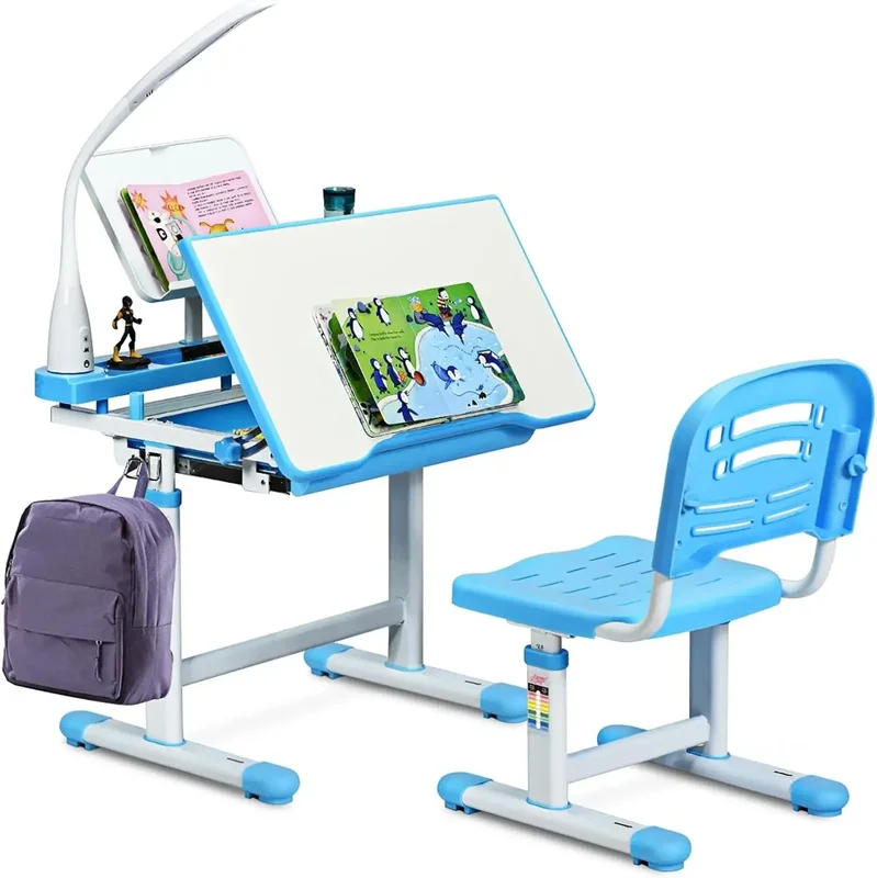 AliExpress - Höhenverstellbarer Kinderschreibtisch, Studentenschreibtisch mit Lampe, neigungsverstellbare Kindermöbel, Farbauswahl (Hellblau)