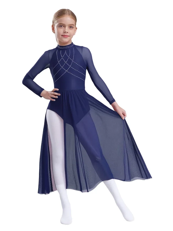 AliExpress - Kinder Mädchen Lyrical Dance Langarm Kleid Strass Sheer Mesh Patchwork Flowy Tüll Split Langes Kleid Ballett Trikot Kleid