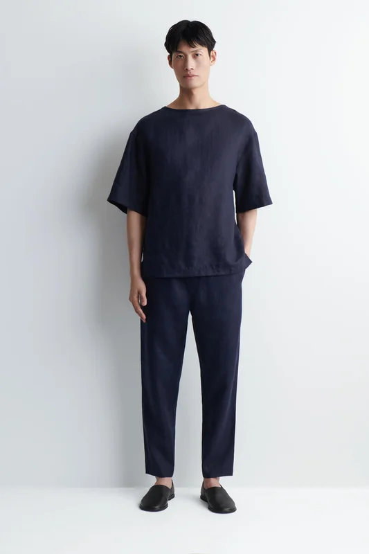 COS Herren Schmal Zulaufende Leinenhose Mit Normaler Passform - Blau