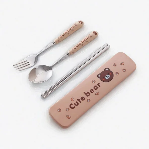Söt djurserie Keramiskt handtag Bestickset - Bärbart bestickset med kaninmönster och fodral, inkluderar gaffel, sked och ätpinnar