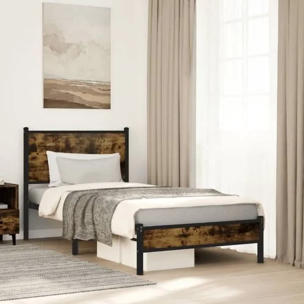 vidaXL Metal sängram med rökig ek sänggavel 80x200 cm, enkelsäng, sovrumsmöbel, gästsäng, 4007805