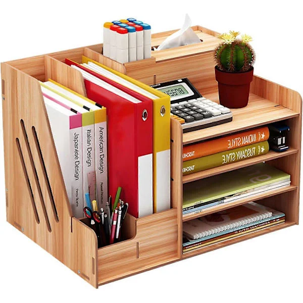 Wooden Desk Organizer with 3 Compartments - Assembly Required - Large Desk File Organizer Office Supplies Desk Organizer Tray, Pen Holder